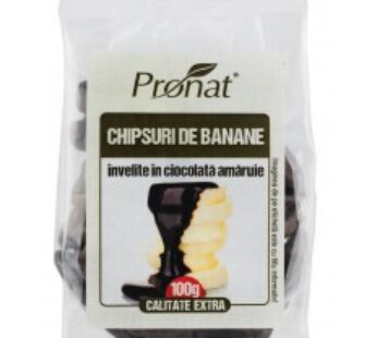 Chipsuri de banane invelite in ciocolata amaruie, 100g